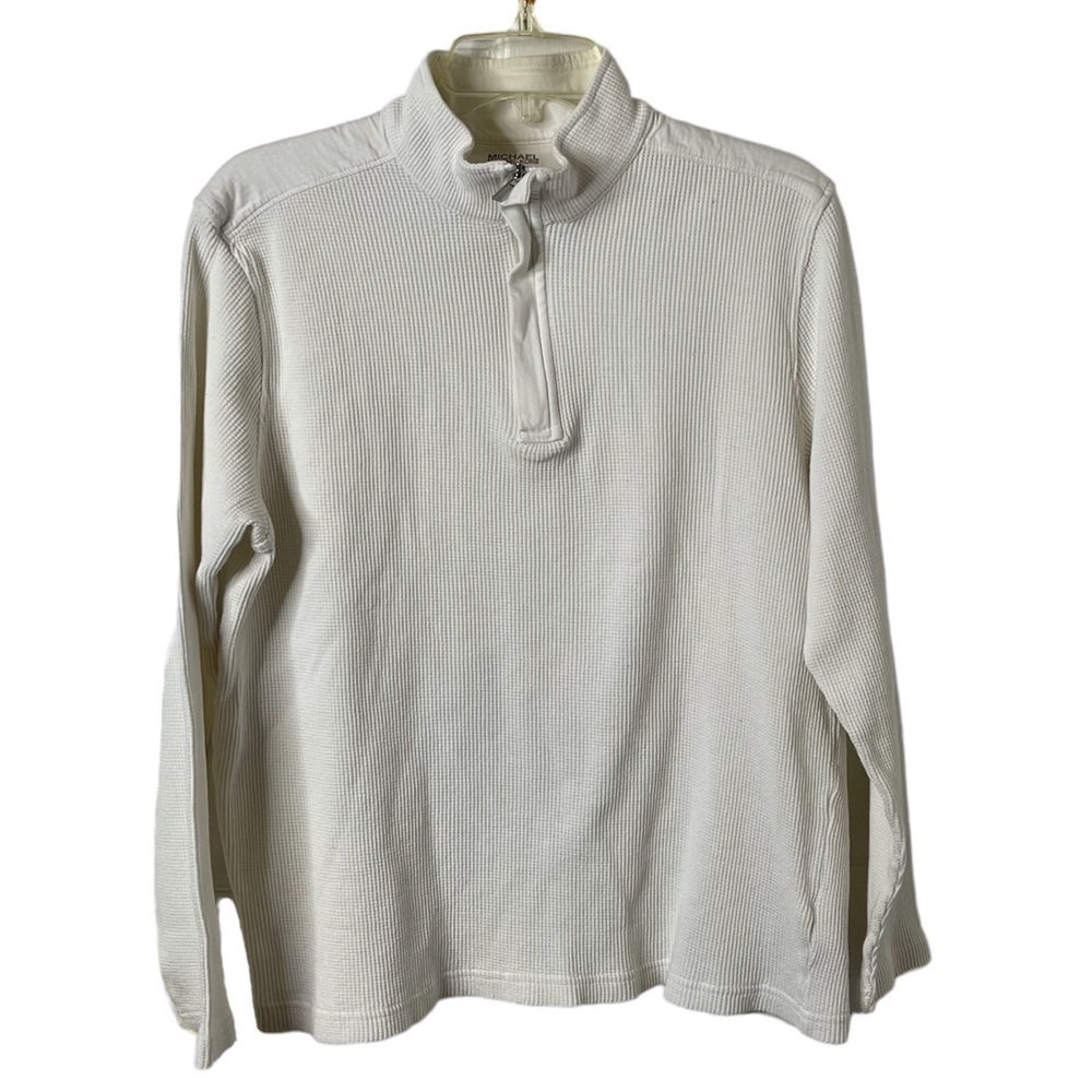 Michael Kors 100% Cotton Long Sleeve Ribbed Pullover 1/4 Zip Sweater White Large